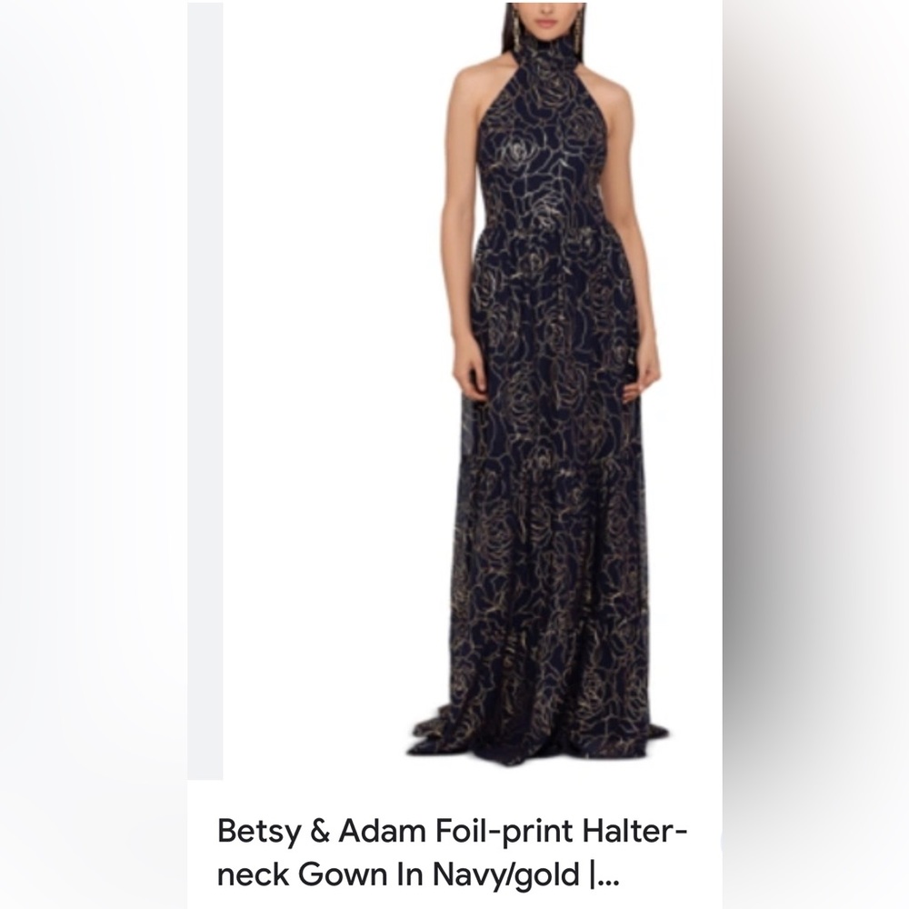 Navy Gold Foil High Neck Gown Printed Sleeveless Halter Full-Length Formal Dress